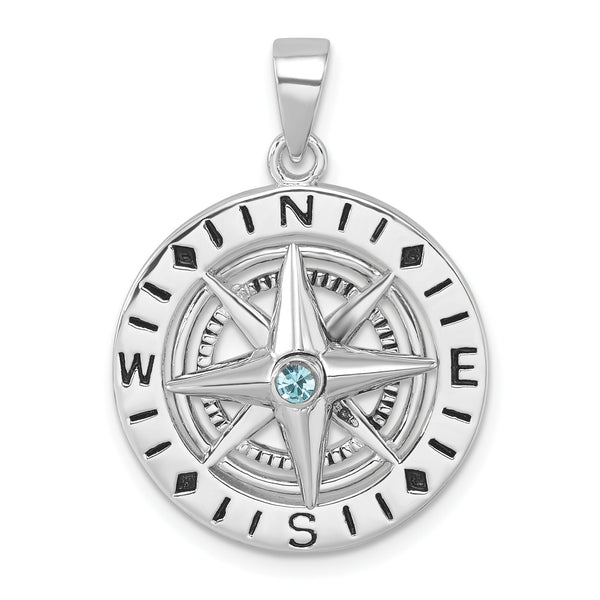 Sterling Silver Rhodium-Plated Polished Moveable Crystal Compass Pendant