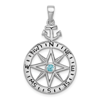 Sterling Silver Rhodium-plated Blue CZ Compass Rose with Small Anchor Pendant