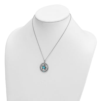 Sterling Silver Rhodium-Plated Blue Crystal Turtle Circle 16 +2in Necklace