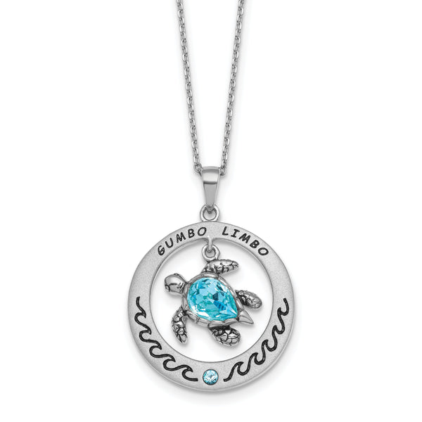 Sterling Silver Rhodium-Plated Blue Crystal Turtle Circle 16 +2in Necklace
