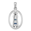 Sterling Silver Rhodium-Plated Polished Oval Adventurine & CZ Lighthouse Pendant