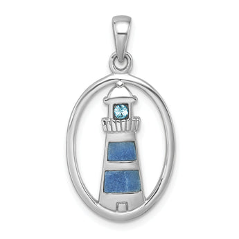 Sterling Silver Rhodium-Plated Polished Oval Adventurine & CZ Lighthouse Pendant