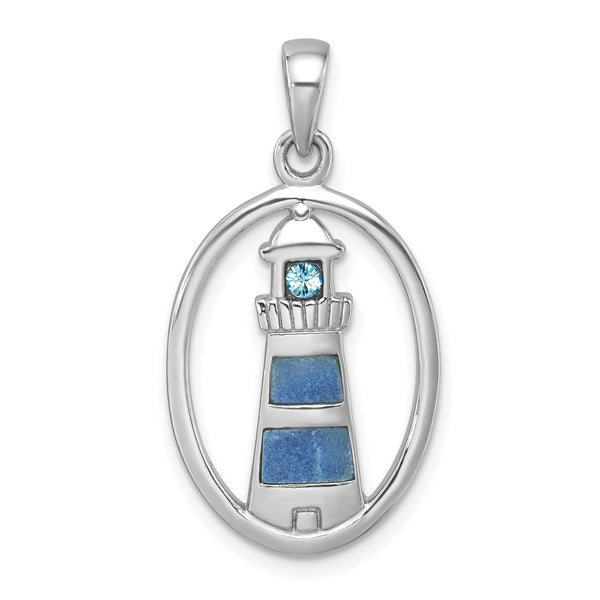 Sterling Silver Rhodium-Plated Polished Oval Adventurine & CZ Lighthouse Pendant