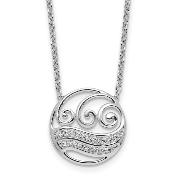 14K White Gold Polished 1/6 carat Diamond Circle with Waves 18 inch Necklace - Birthstone Company