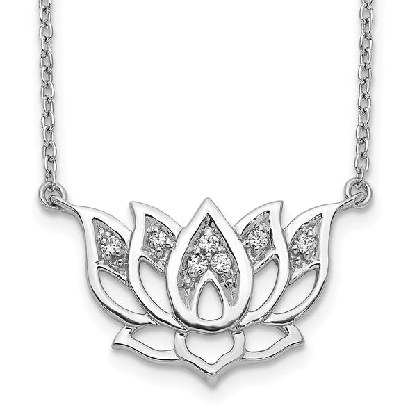 14K White Gold Lab Grown Diamond Lotus Flower 18 inch Necklace