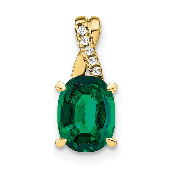 10k Oval Created Emerald and Diamond Pendant