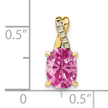 10k Oval Created Pink Sapphire and Diamond Pendant