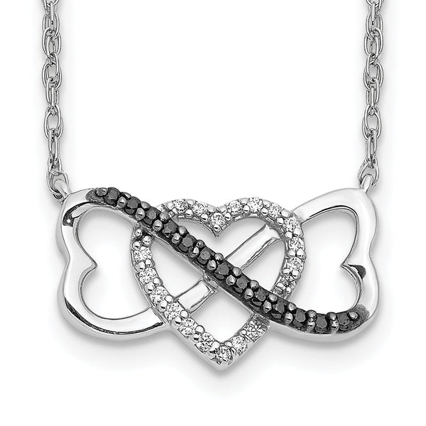 10k White Gold w/ Black and White Diamond Triple Heart 17in Necklace
