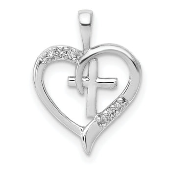 14k White Gold AA Diamond Heart Cross Pendant
