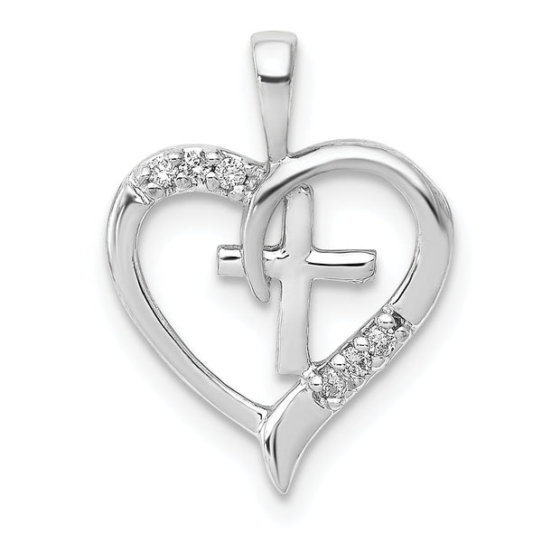 14k White Gold AA Diamond Heart Cross Pendant