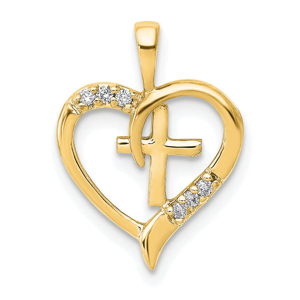 14k AA Diamond Heart Cross Pendant