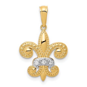 14k w/Rhodium Polished Diamond Fleur de Lis Pendant