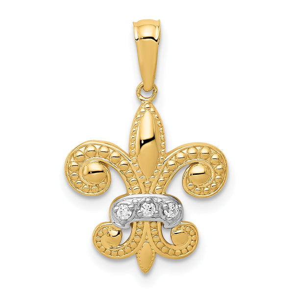 14k w/Rhodium Polished Diamond Fleur de Lis Pendant