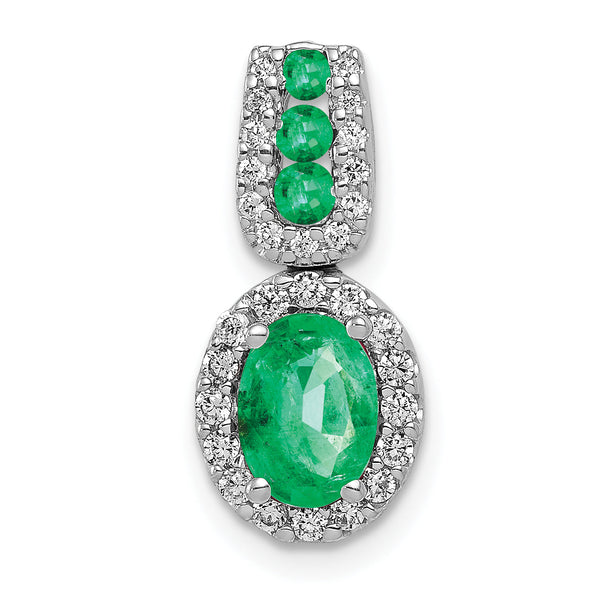14K White Gold Lab Grown Diamond and Created Emerald Oval Halo Pendant