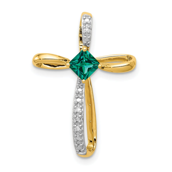 10k w/Rhodium Lab Created Emerald and Diamond Cross Pendant