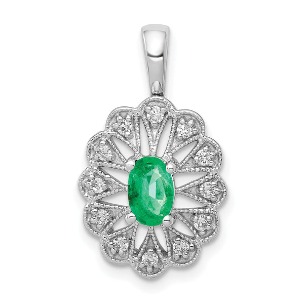 14K White Gold Lab Grown Diamond and Created Emerald Pendant