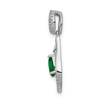 14K White Gold Lab Grown Diamond and Created Emerald Dangle Pendant