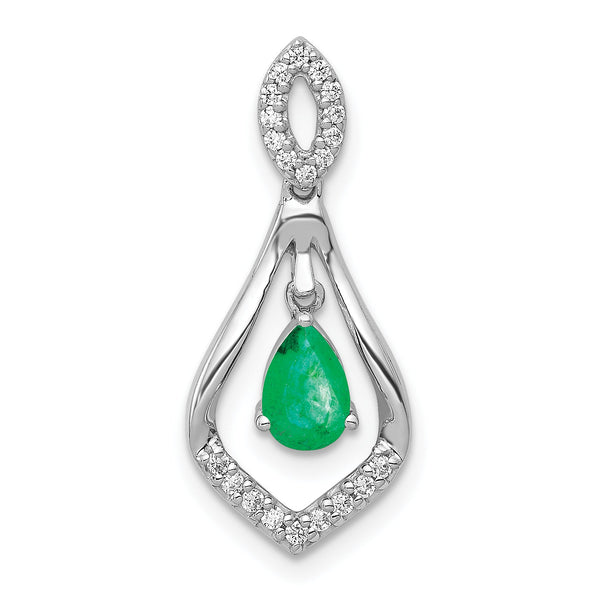 14K White Gold Lab Grown Diamond and Created Emerald Dangle Pendant