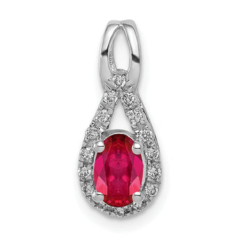 14K White Gold Lab Grown Diamond and Oval Created Ruby Pendant
