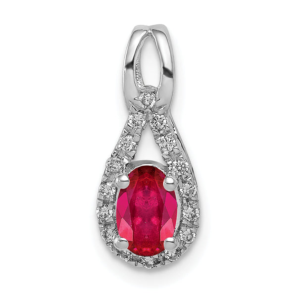 14K White Gold Lab Grown Diamond and Oval Created Ruby Pendant