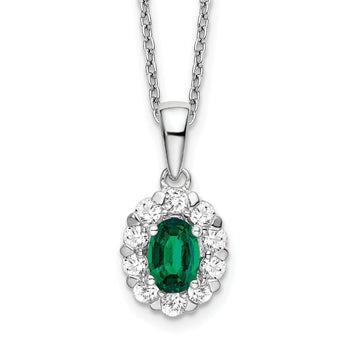 14K White Gold Lab Grown Diamond & Cr Oval Emerald Pendant Necklace