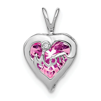 14k White Gold Creat. Pink Sapphire/Diamond MOM Heart Pendant