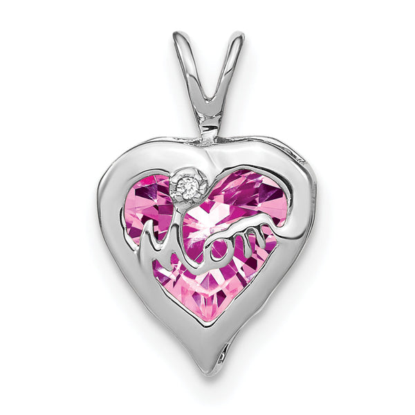 14k White Gold Creat. Pink Sapphire/Diamond MOM Heart Pendant