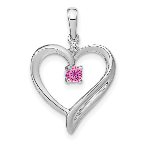 14k White Gold Created Pink Sapphire and Diamond Heart Pendant