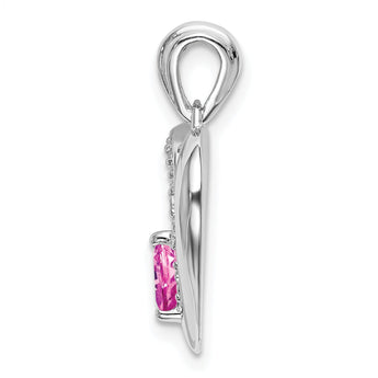 14k White Gold Created Pink Sapphire and Diamond Heart Pendant