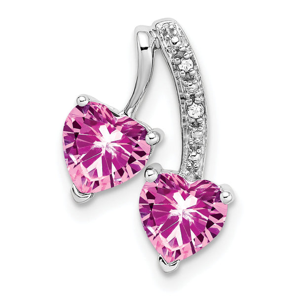 14k White Gold Created Pink Sapphire and Diamond 2-Heart Pendant