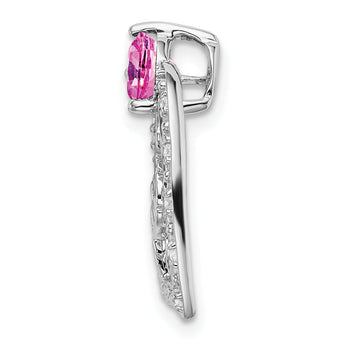 14k White Gold Created Pink Sapphire/Diamond MOM Heart Pendant