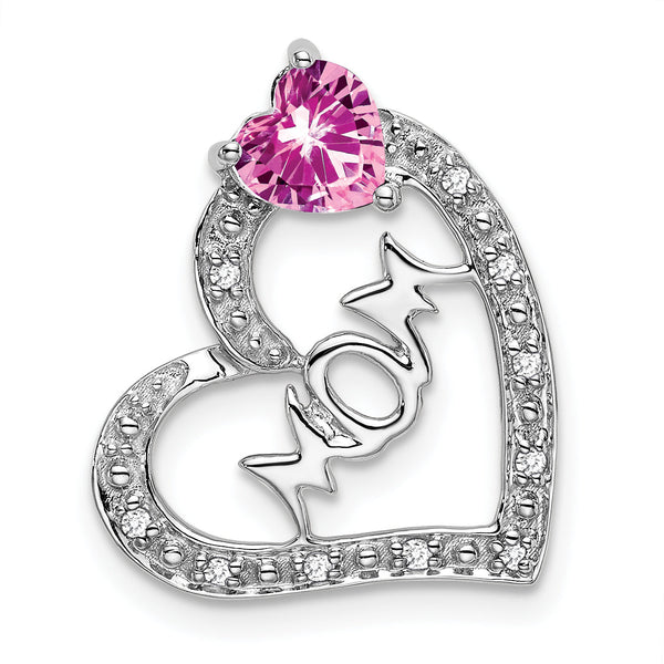 14k White Gold Created Pink Sapphire/Diamond MOM Heart Pendant