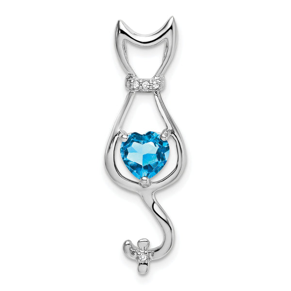 10k White Gold Blue Topaz and Diamond Cat Pendant