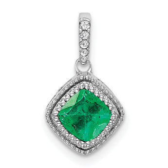 10k White Gold Cushion Emerald and Diamond Pendant