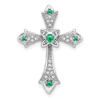 10K White Gold Emerald and Diamond Fleur de Lis Cross Chain Slide