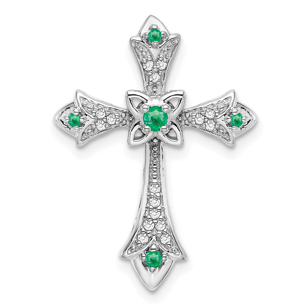10K White Gold Emerald and Diamond Fleur de Lis Cross Chain Slide