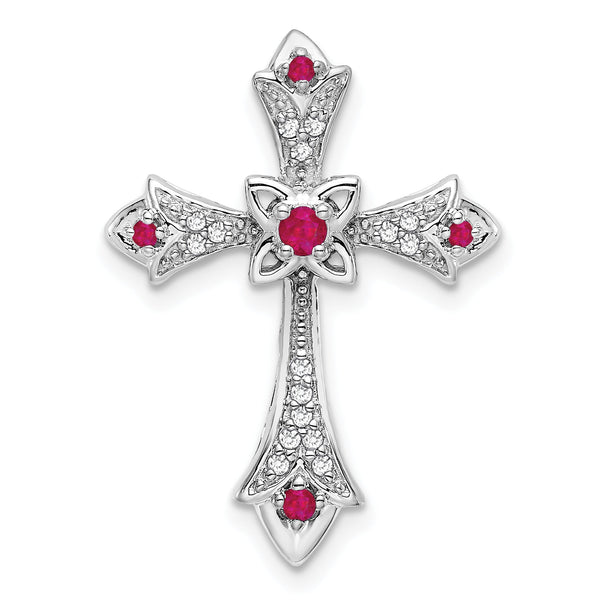 10K White Gold Ruby and Diamond Fleur de Lis Cross Chain Slide