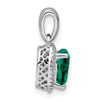 Sterling Silver Rhodium-plated Created Emerald and Diamond Pendant