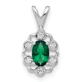 14K White Gold Lab Grown Diamond and Created Emerald Pendant
