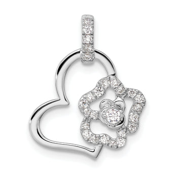 14K White Gold Lab Grown Diamond Heart and Flower Pendant
