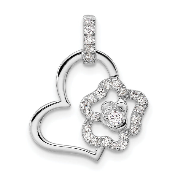 14K White Gold Lab Grown Diamond Heart and Flower Pendant