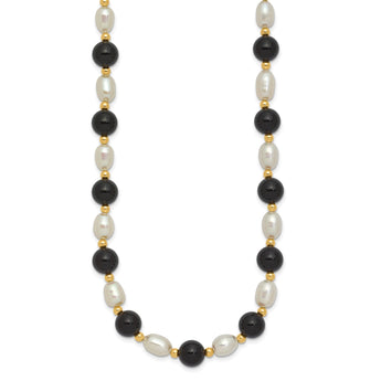 14k 6-7mm White Rice FW Cultured Pearl Onyx Bead Necklace 17 in - Birthstone Company