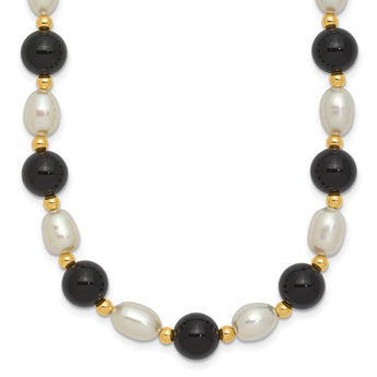14k 6-7mm White Rice FW Cultured Pearl Onyx Bead Necklace 17 in - Birthstone Company