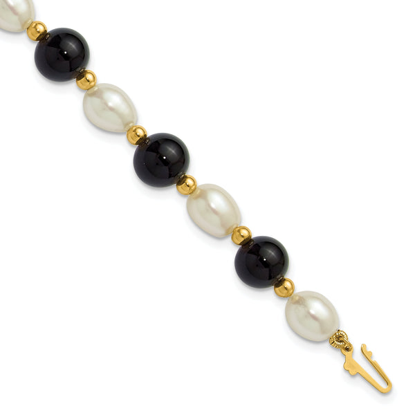 14k 6-7mm White Rice Freshwater Cultured Pearl and Onyx Beaded 8 inch Bracelet