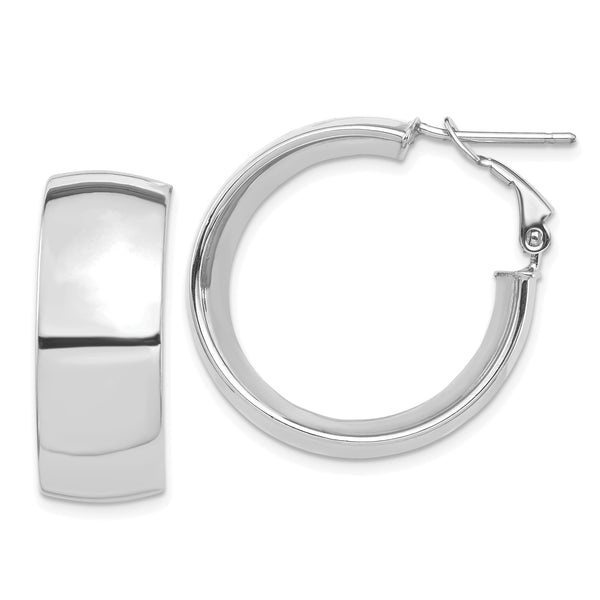 14k White Gold High Polished 10mm Omega Back Hoop Earrings