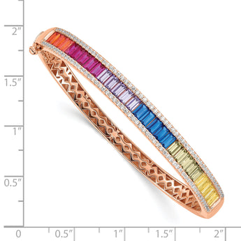 Prizma Sterling Silver Rose-tone 14K Flash Rose Gold-plated White and Colorful Baguette CZ Hinged Bangle