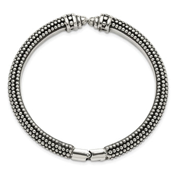 Sterling Silver Polished and Antiqued Beaded Hinged Bangle Bracelet