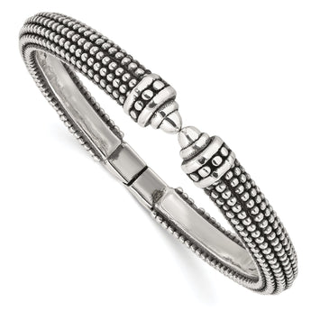 Sterling Silver Polished and Antiqued Beaded Hinged Bangle Bracelet