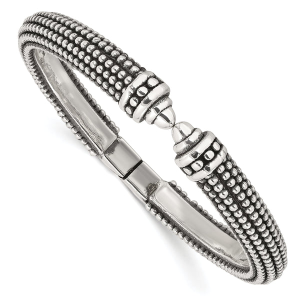 Sterling Silver Polished and Antiqued Beaded Hinged Bangle Bracelet
