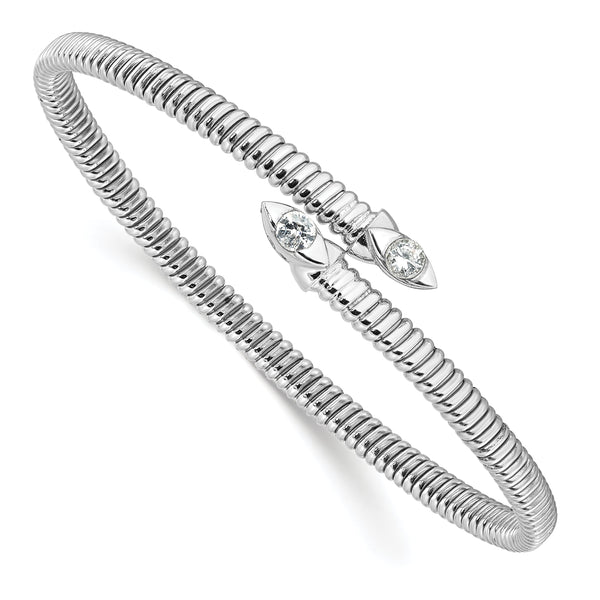 Sterling Silver Rhodium-plated Textured CZ Bypass Cuff Bangle Bracelet